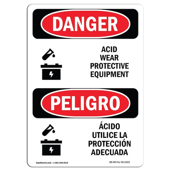 OSHA, Acid Wear Protective Equipment Bilingual, 18in X 12in Rigid Plastic, 12" W, 18" H, Spanish